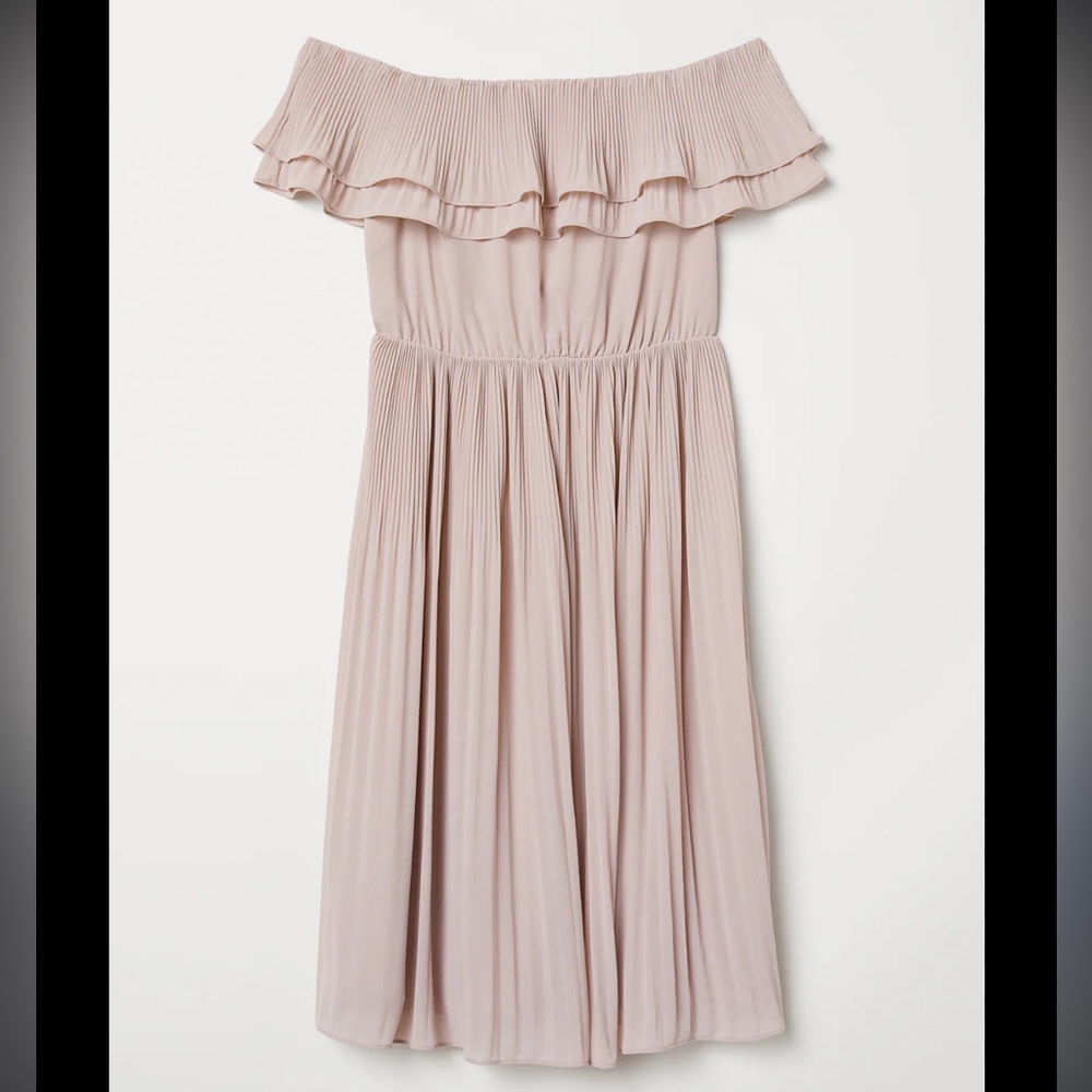 H&M Pleated Off-Shoulder Midi Dress in Powder Pink, Size 2, Brand New